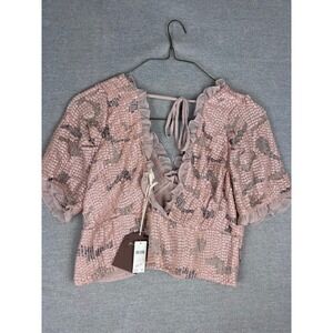 Forever That Girl Anthropologie Sequin Ruffle Crop Top Pink Silver XL NWT